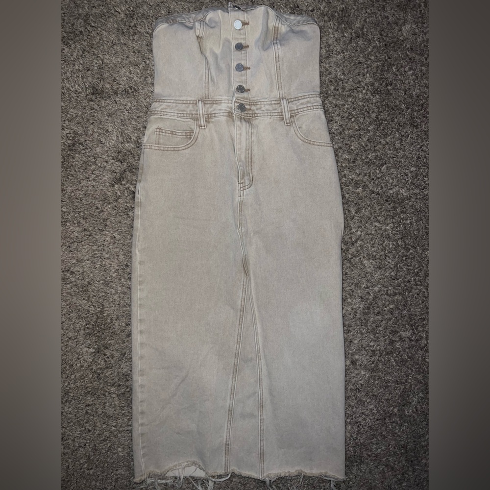 Tan Khaki Denim Button Up Strapless Western Cowgirl Rodeo Midi Dress Medium